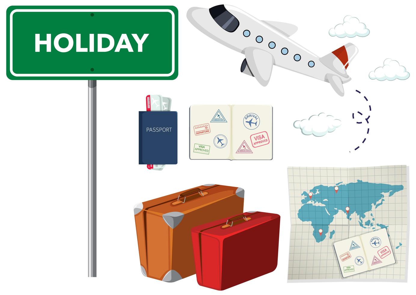 Plane, Passports, Map Travel Set on White vector