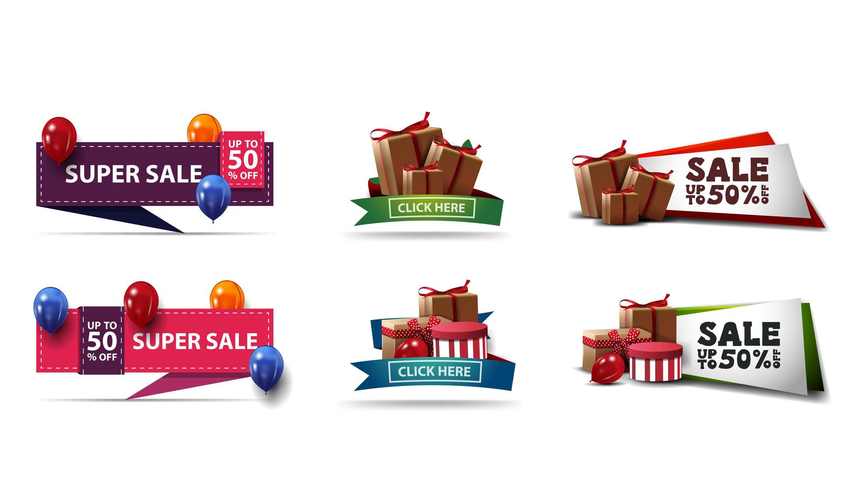 Large collection of discount banners in different styles with presents vector