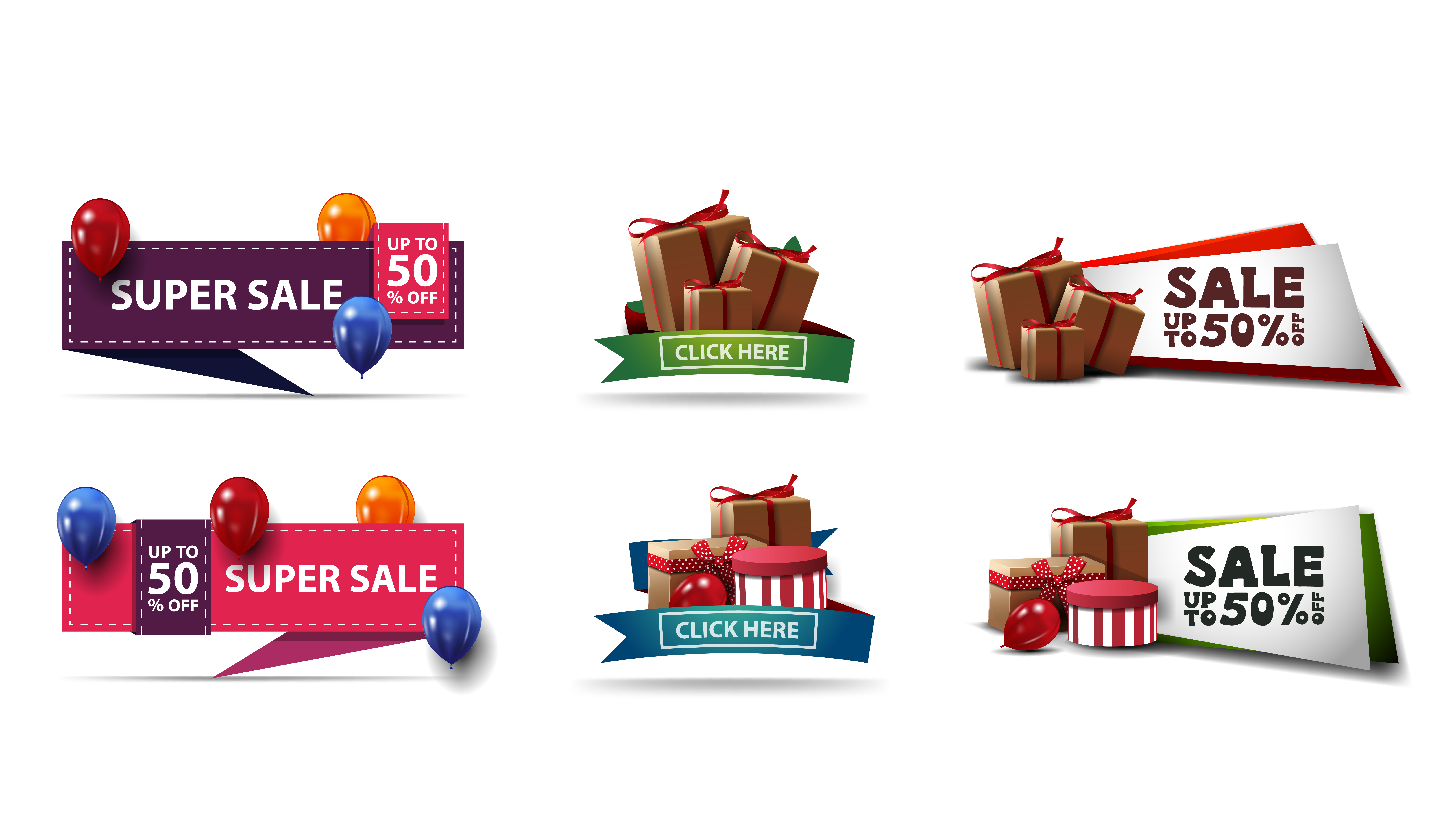 Large collection of discount banners in different styles with presents