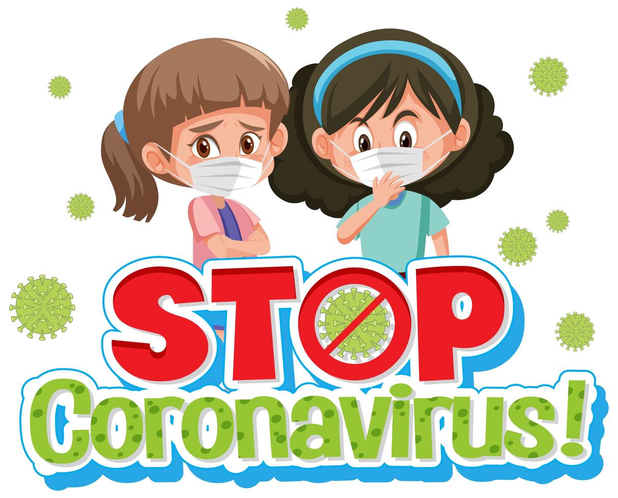 Stop coronavirus poster design with two girls in masks  vector