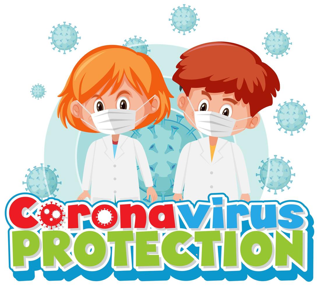 cartel de protección contra el coronavirus con niños con máscaras y células de virus vector