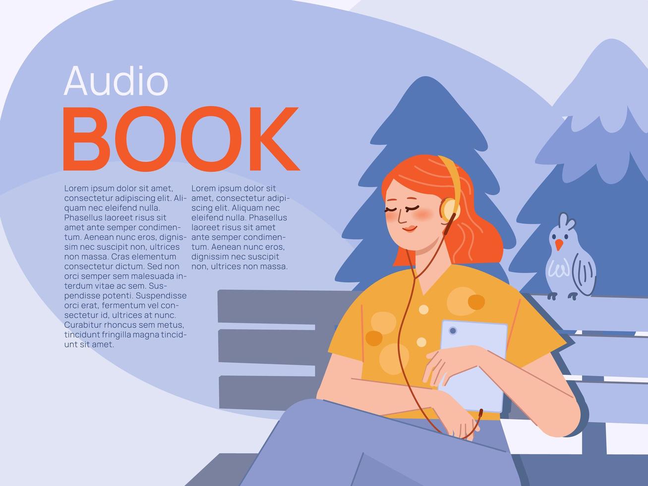 Lady in park listening to audio book with headphones. vector