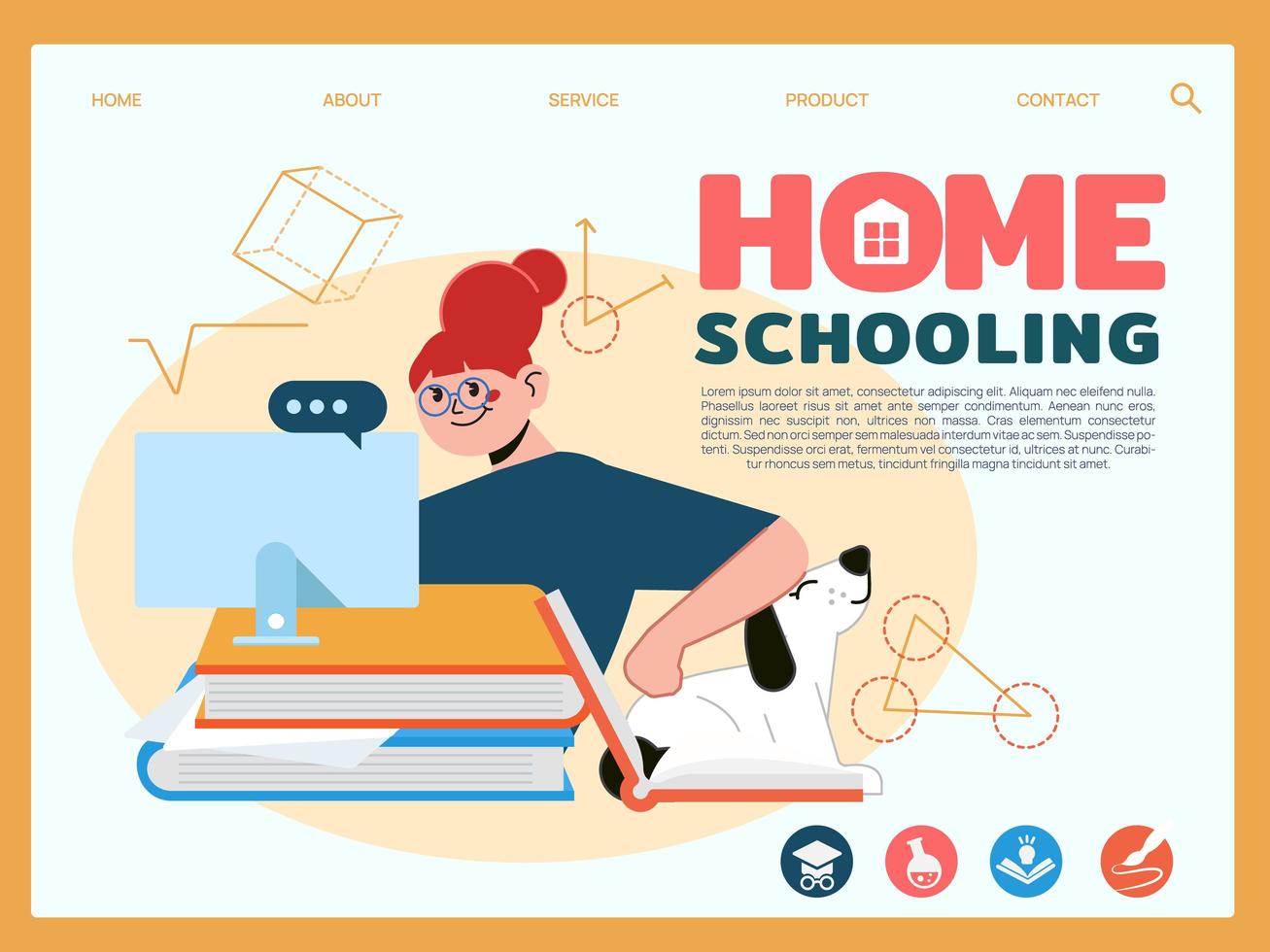 Home Schooling Girl sitting with computer for learning and getting education vector