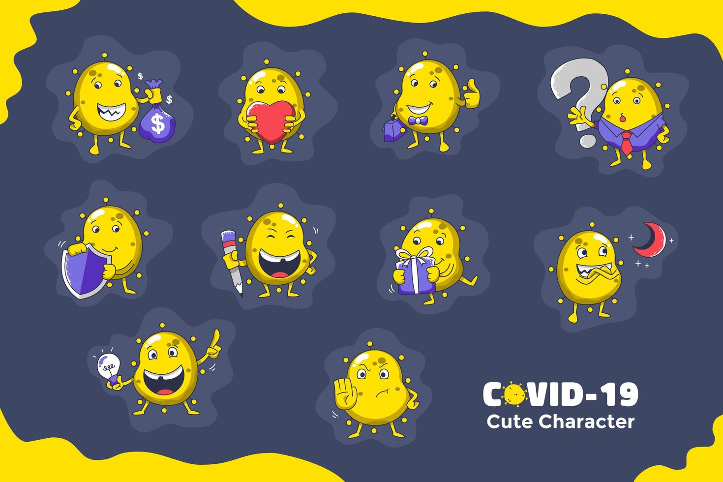lindo conjunto de caracteres de coronavirus amarillo vector