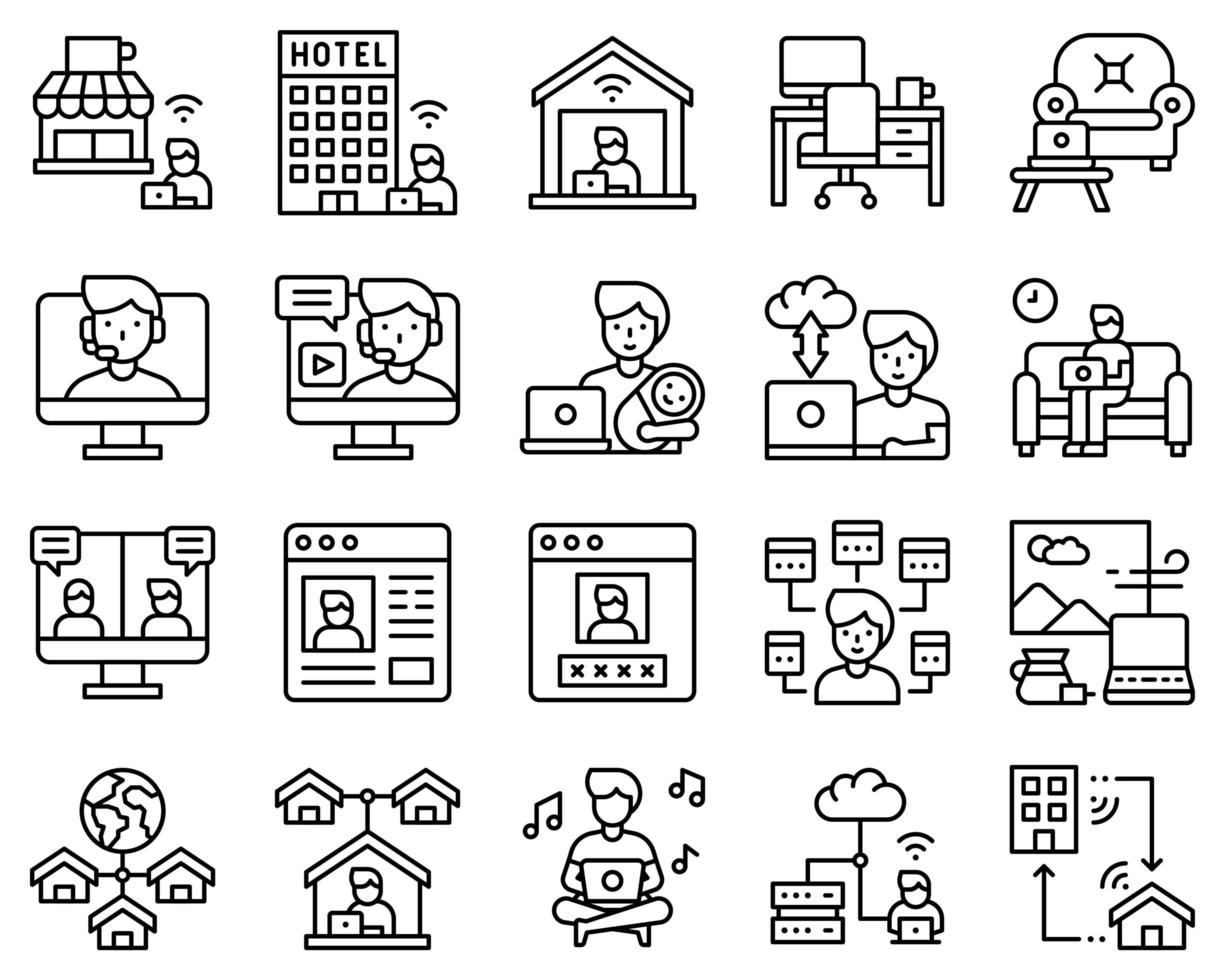 Black and white work from home icon set, male version vector