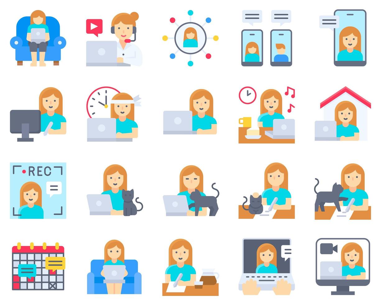 Work from home icon set, female version vector