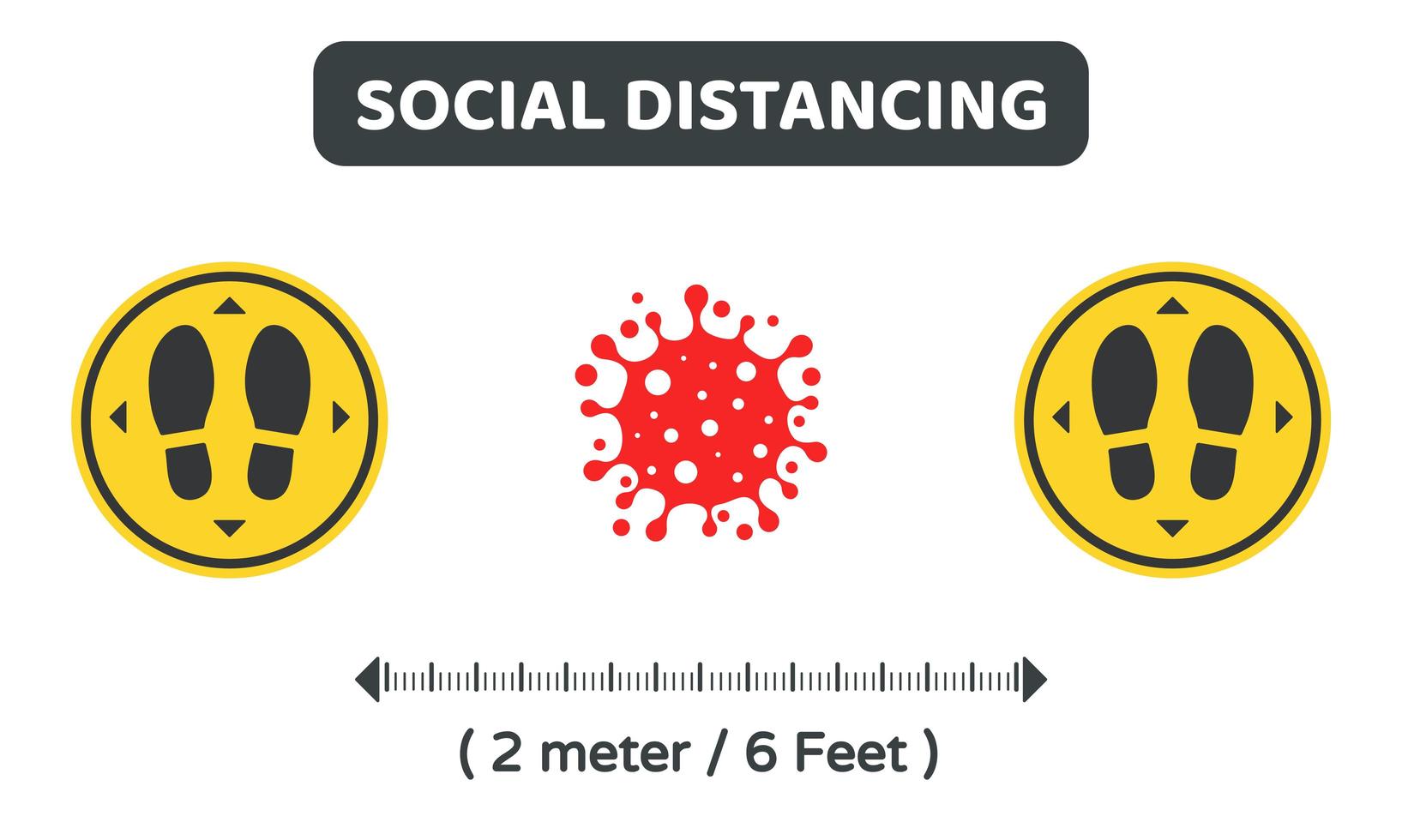 Social distancing foot makers and red virus cell vector