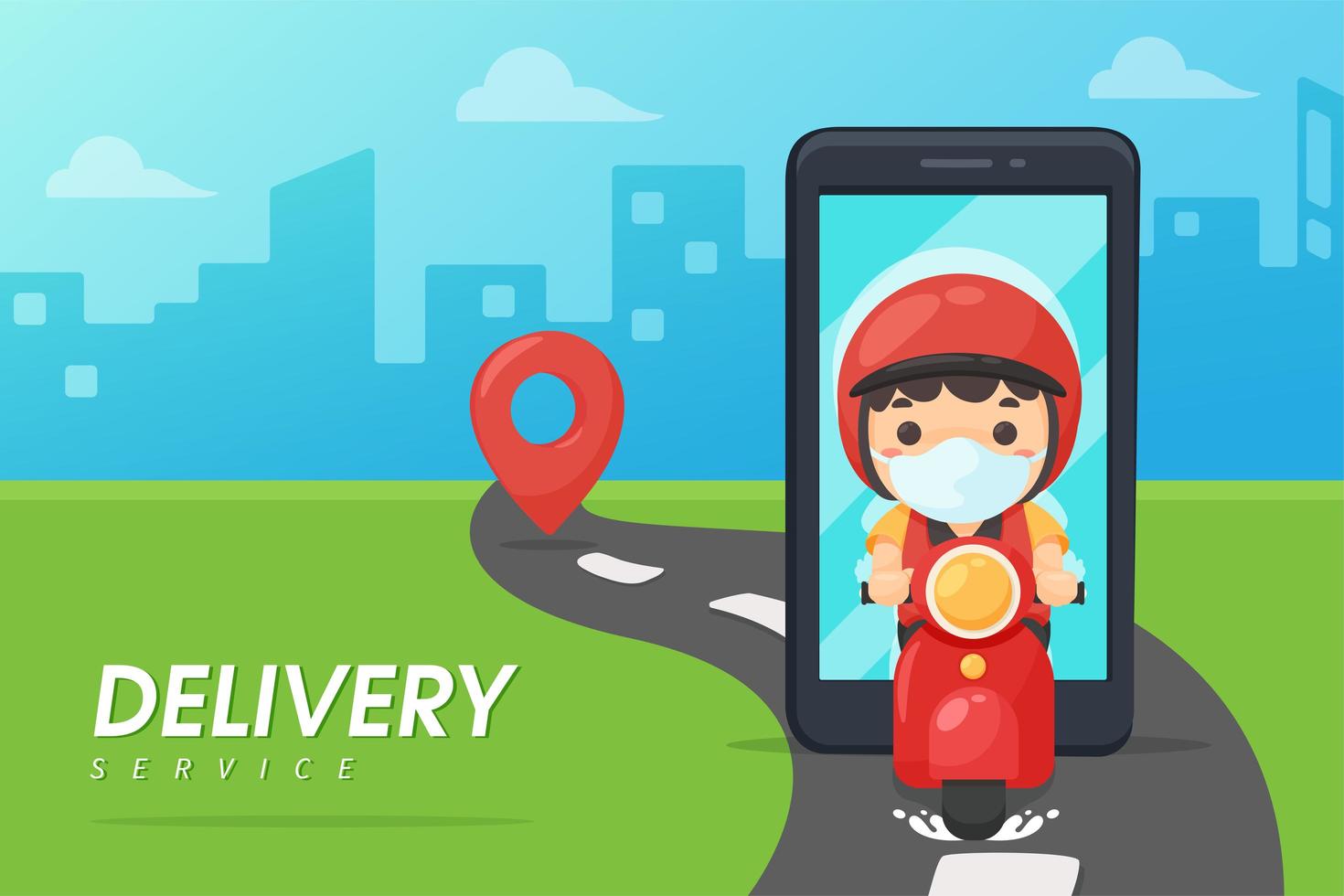 Mobile delivery man on scooter with city background vector