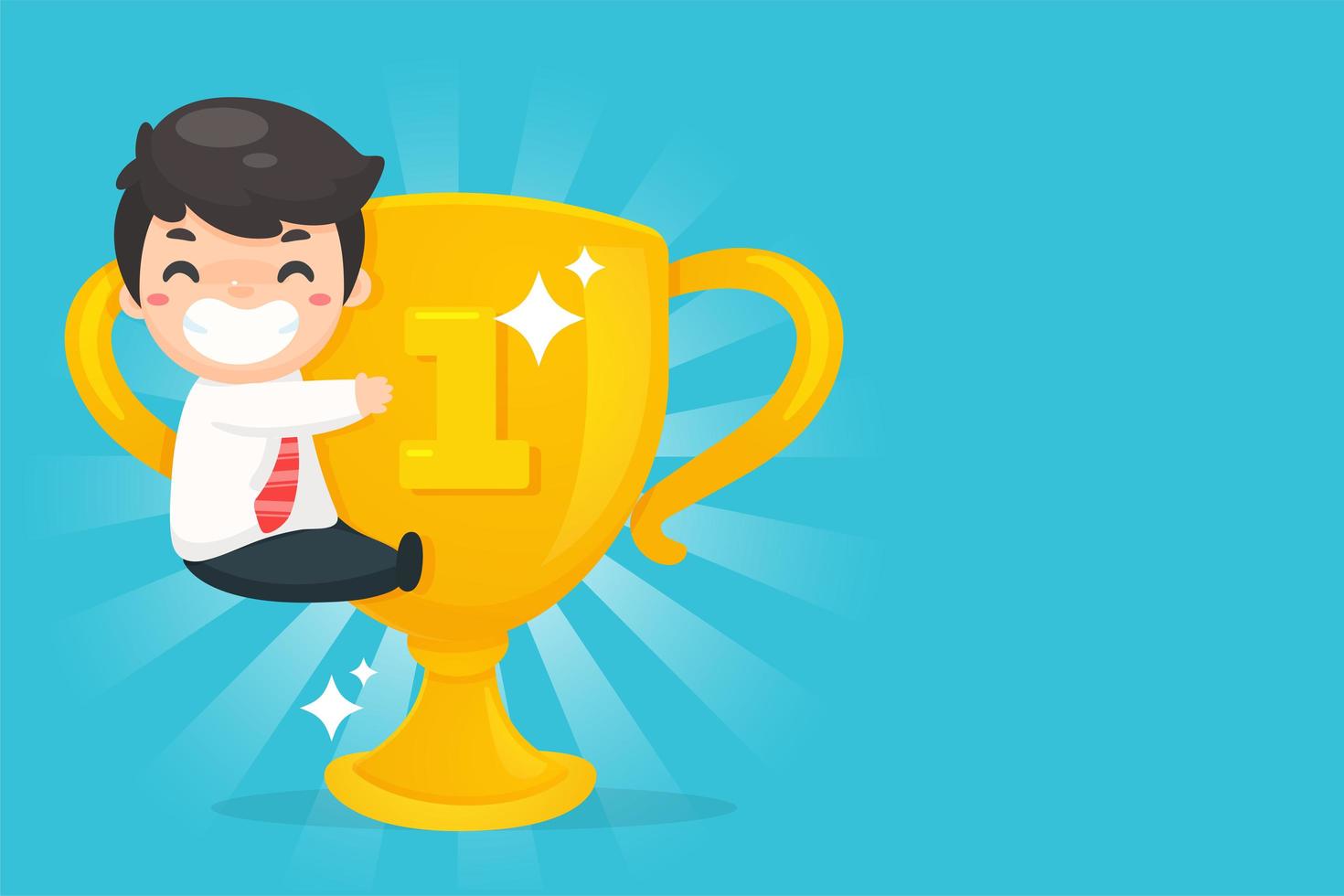 Small cartoon man hugging big first place trophy vector