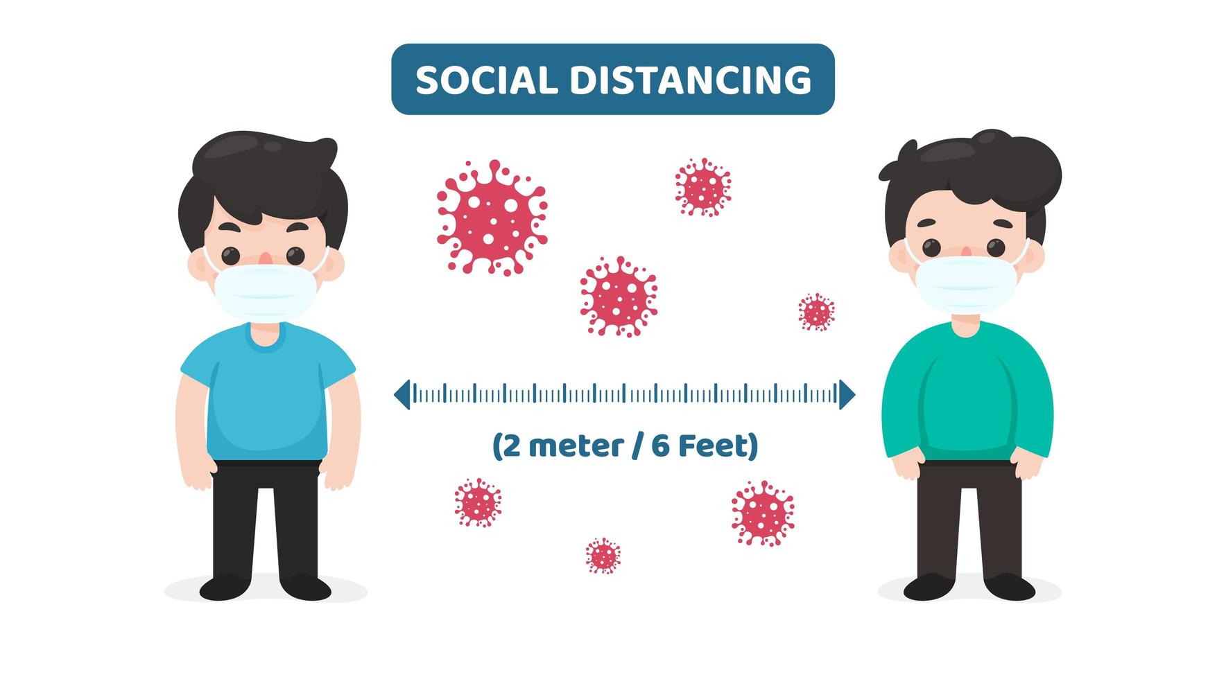 Cartoon characters with virus cells practicing social distancing vector