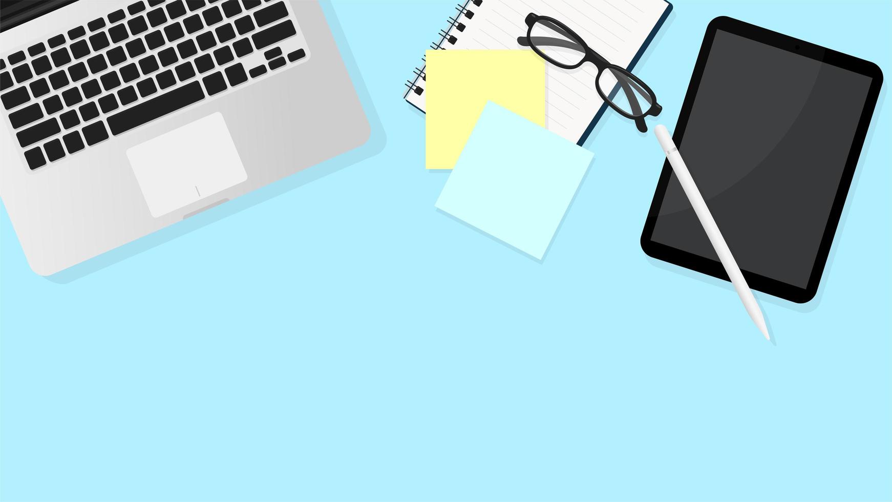 Top view of laptop, tables, papers and glasses vector