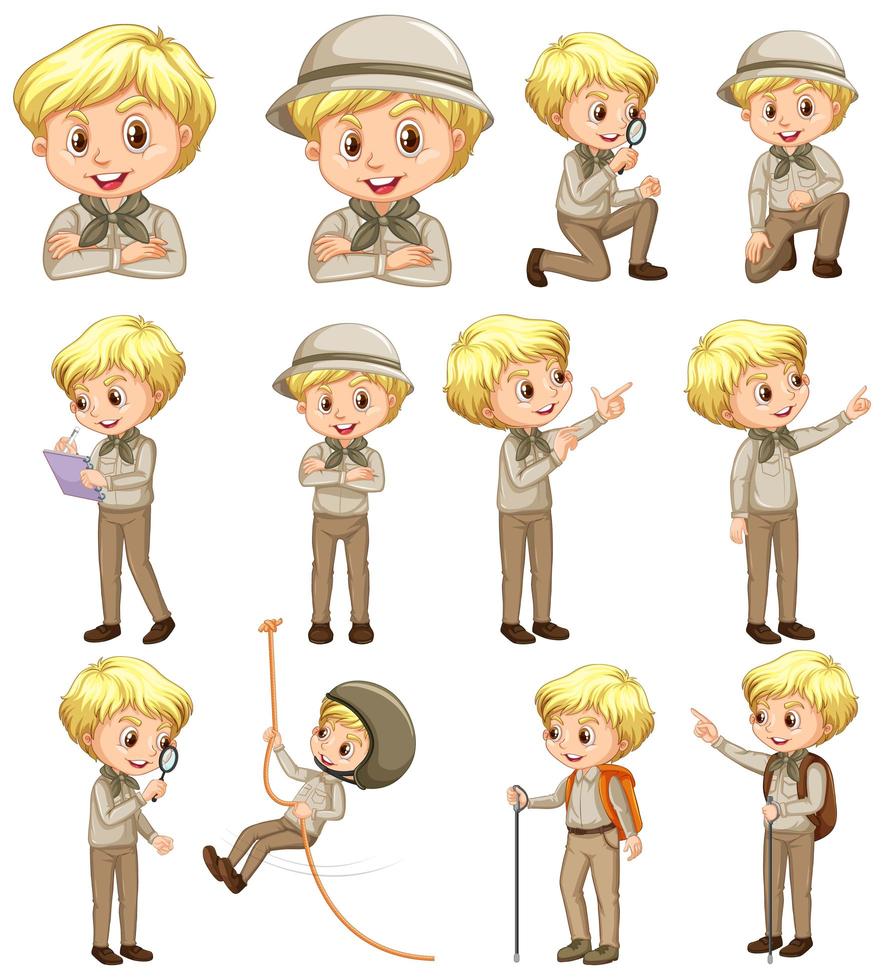 niño en uniforme de explorador en varias poses vector