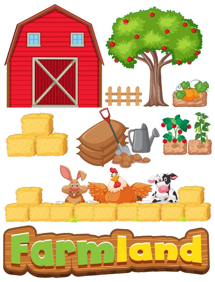 Set of farm items and many animals vector