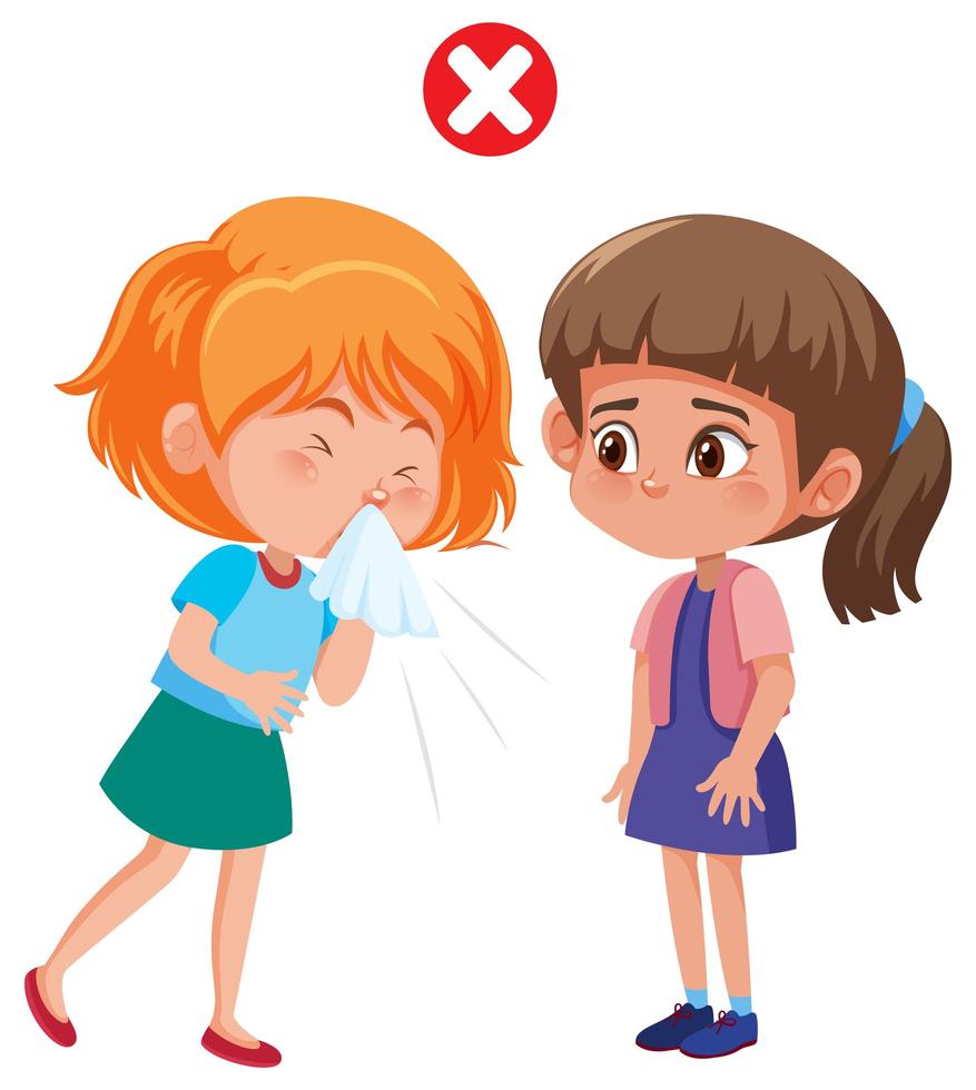 Girl Sneezing into Tissue, Spreading Germs vector