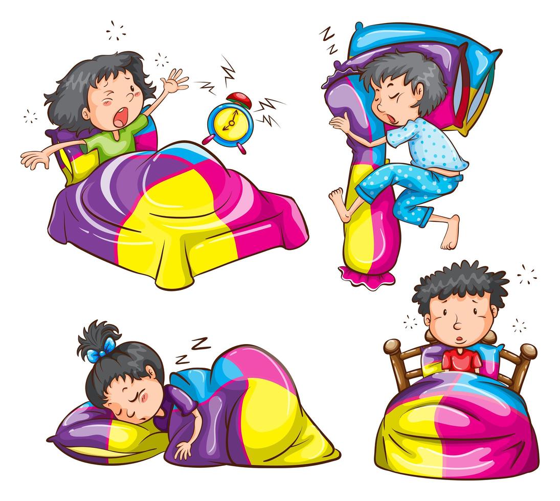 Girls and Boys Sleeping and Waking in Their Beds vector
