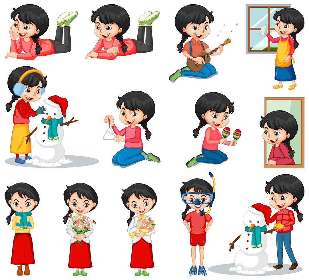 Set of Happy Girl Doing Different Actions vector