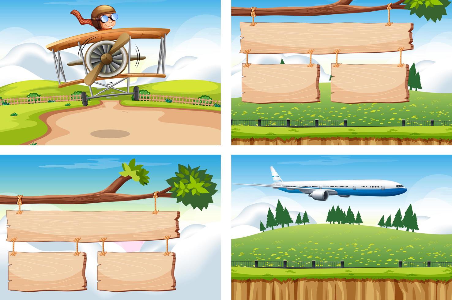 Four scenes with airplane flying vector