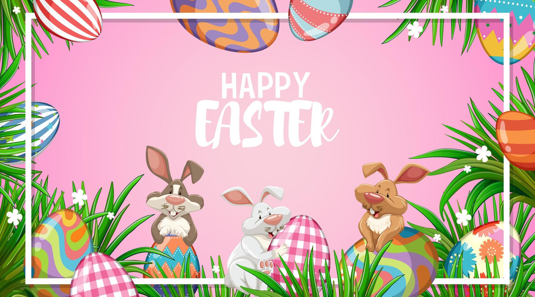 Happy Easter bunnies and painted eggs vector