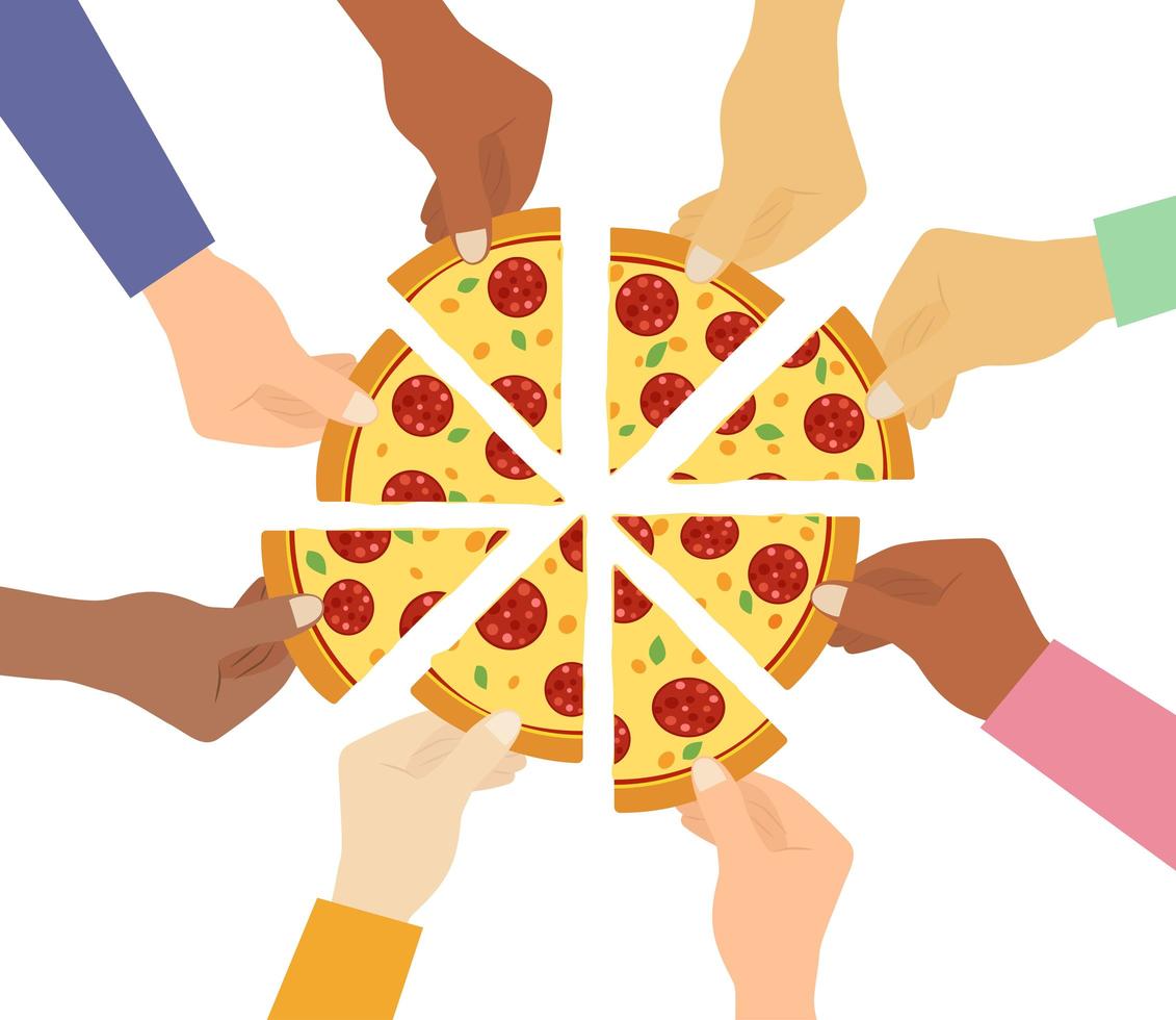 Multiple hands taking pizza slices vector