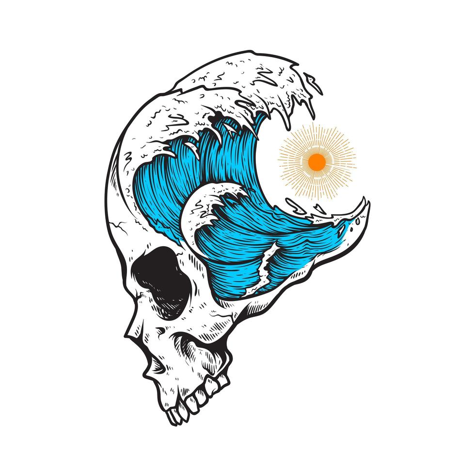 cabeza de calavera con olas del mar vector