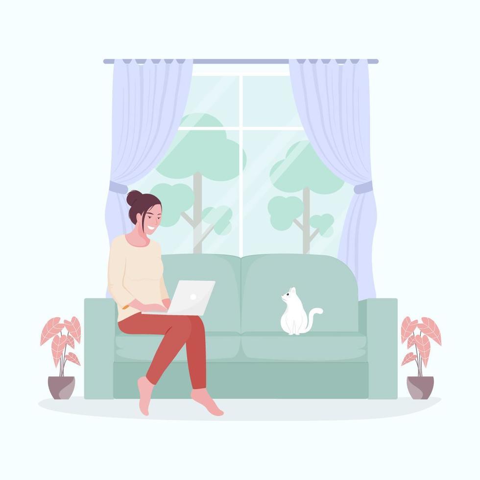 Female on couch working remotely vector