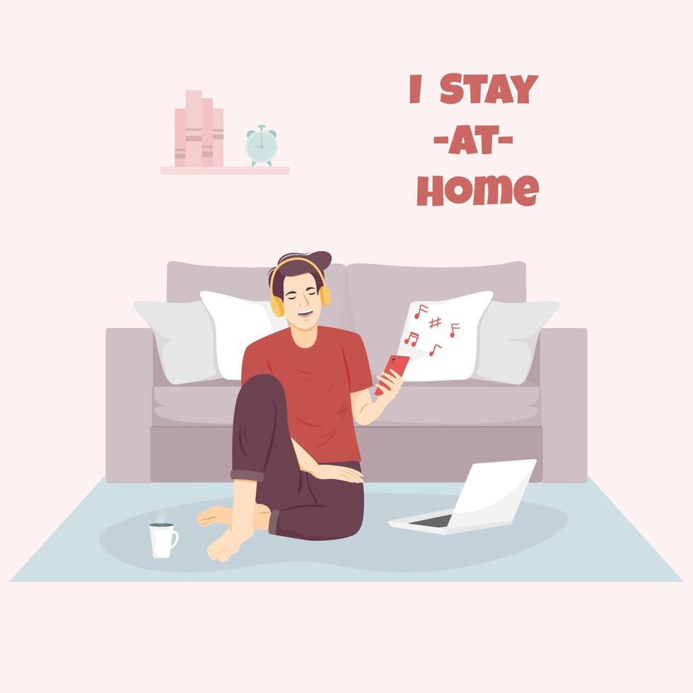 Man with laptop listening to music at home vector