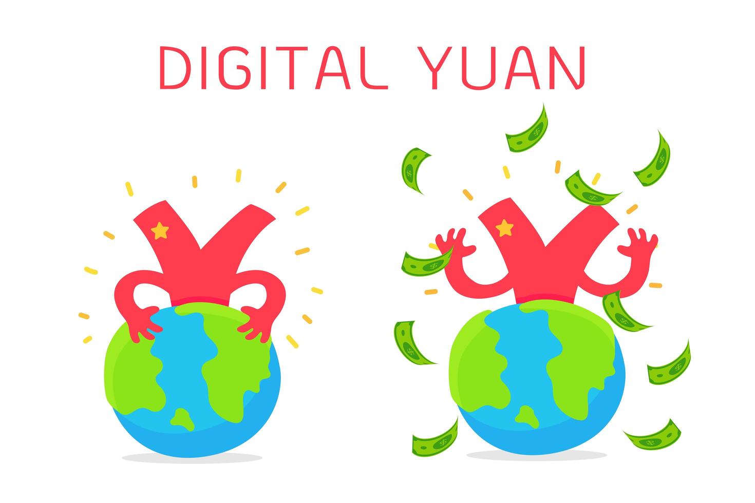 Cartoon digital Yuan currency around globes vector