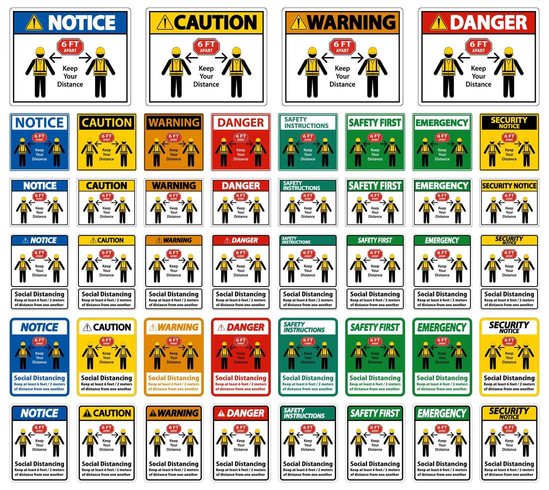 signo de construcción de distanciamiento social en diferentes estilos vector