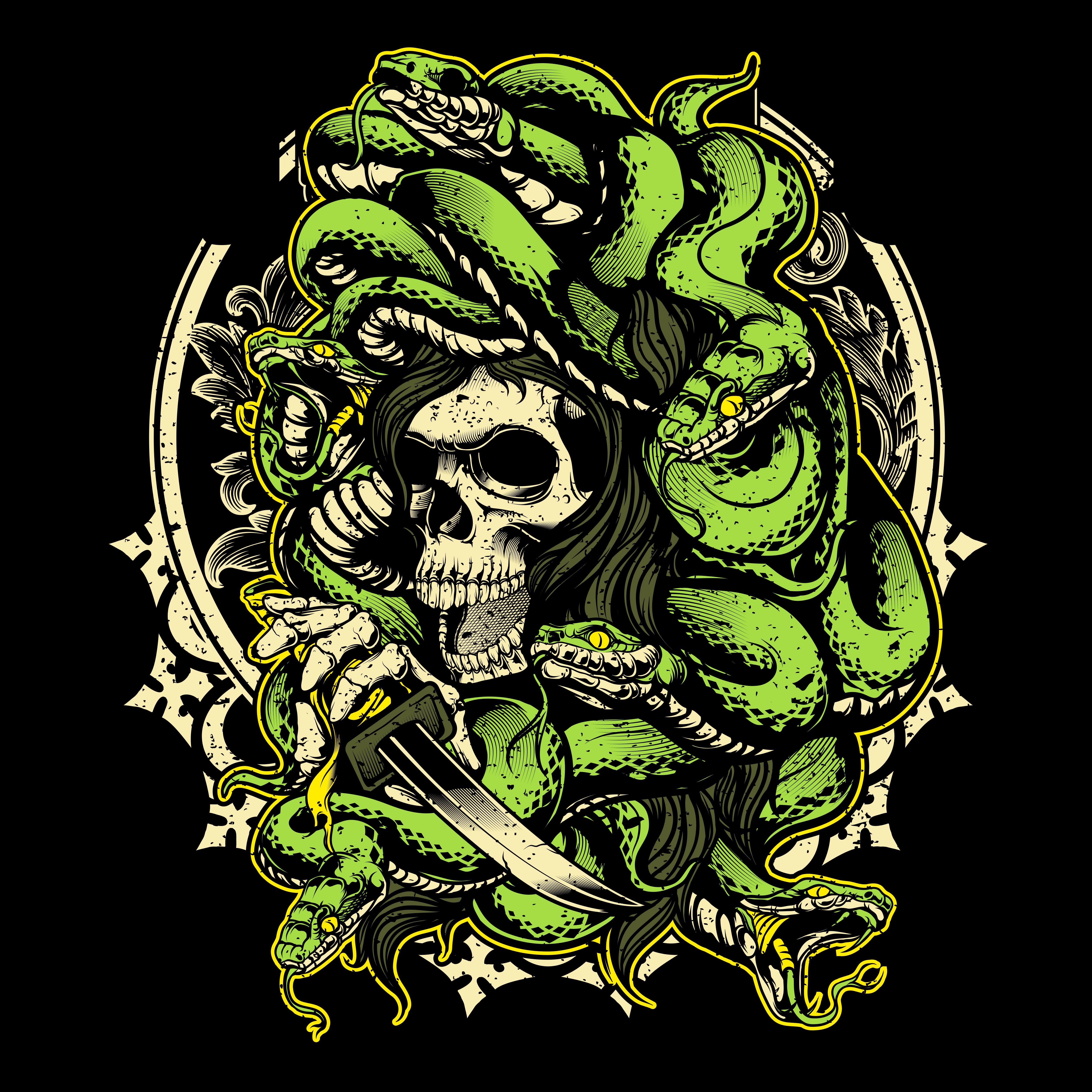 Medusa Skull with Snakes and Dagger 1121244 Vector Art at Vecteezy