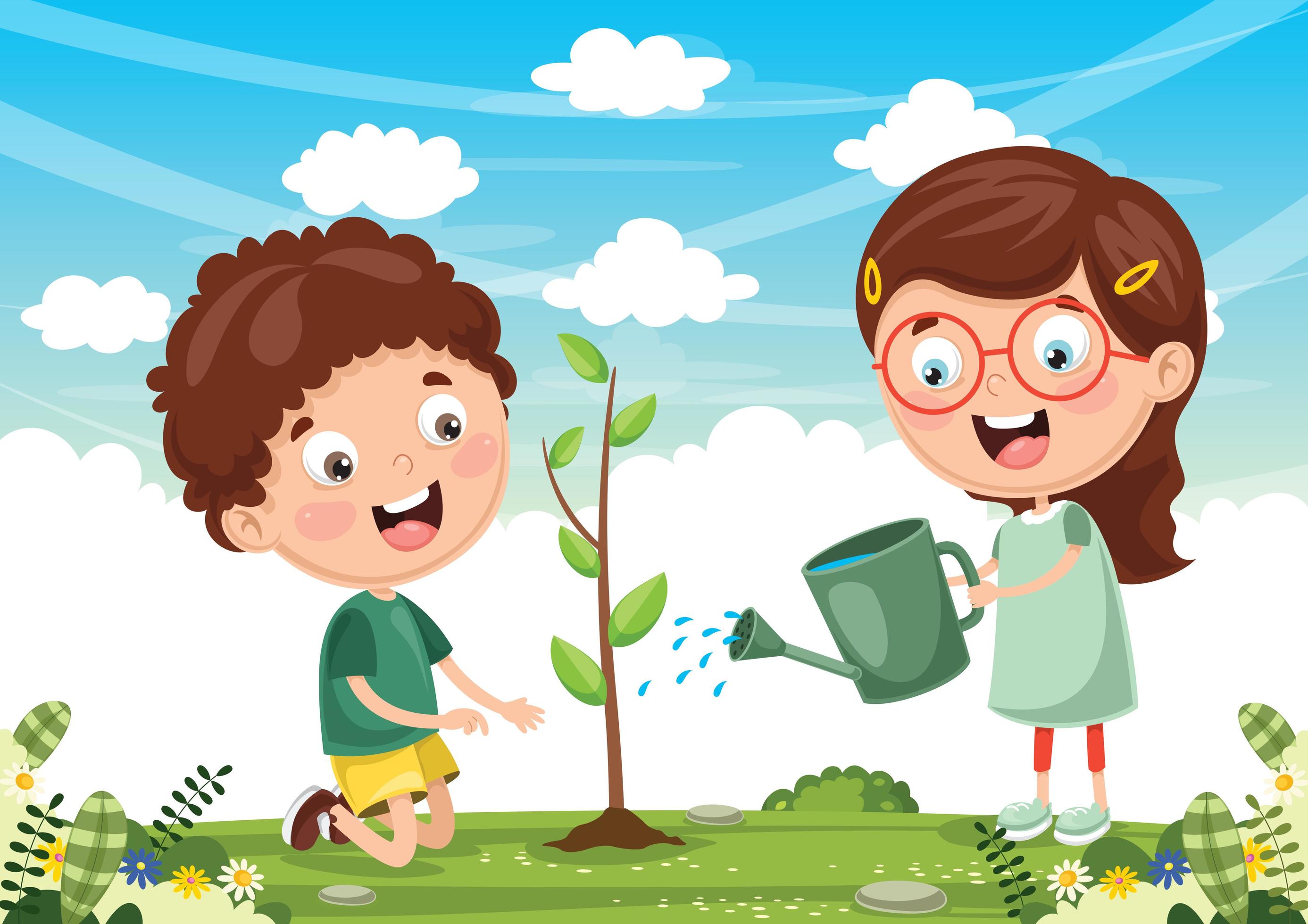 Мальчик и девочка садят дерево