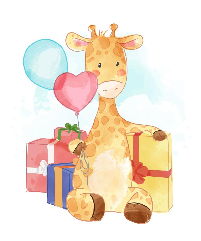 Giraffe sitting with present box and balloons vector