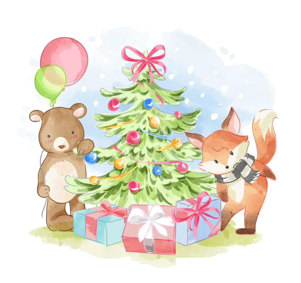 amigos animales con árbol de navidad y regalos vector