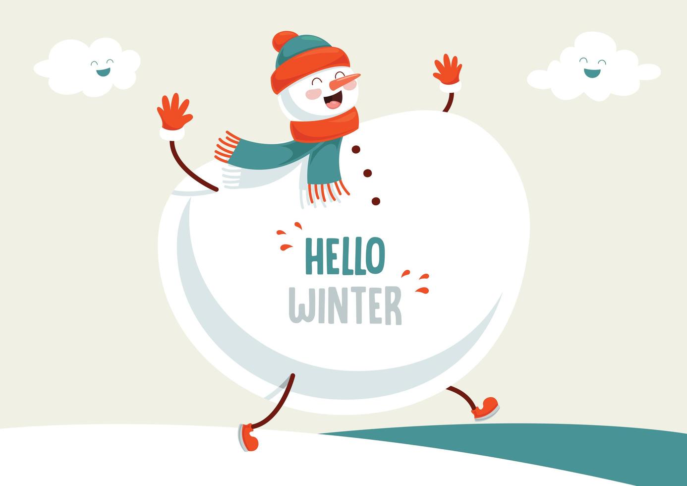 Large Winter Snowman Walking with Happy Clouds vector