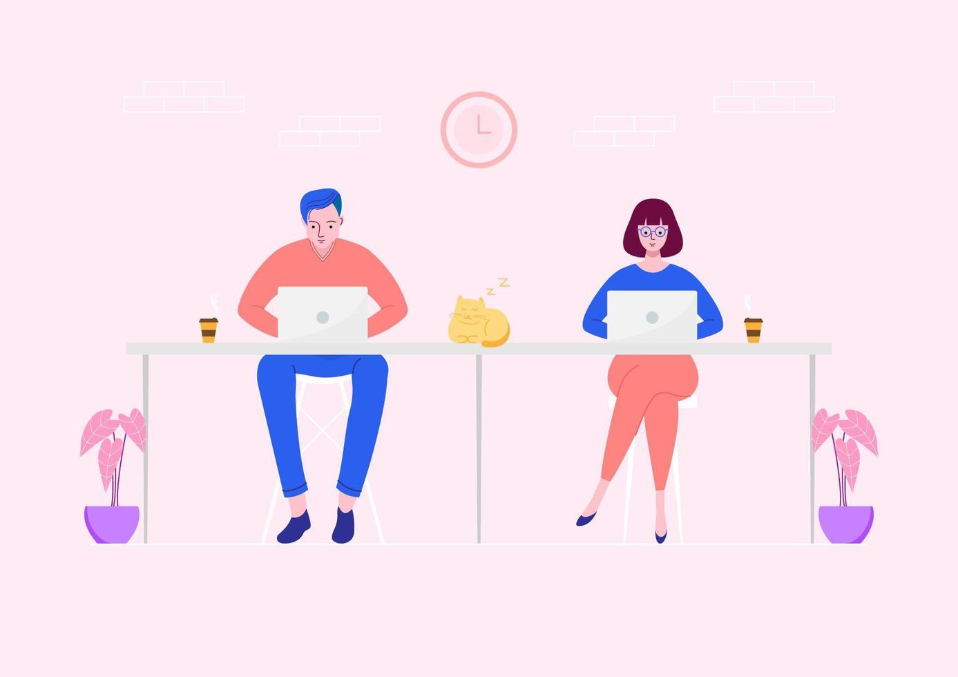 Freelance couple working at desk with cat vector