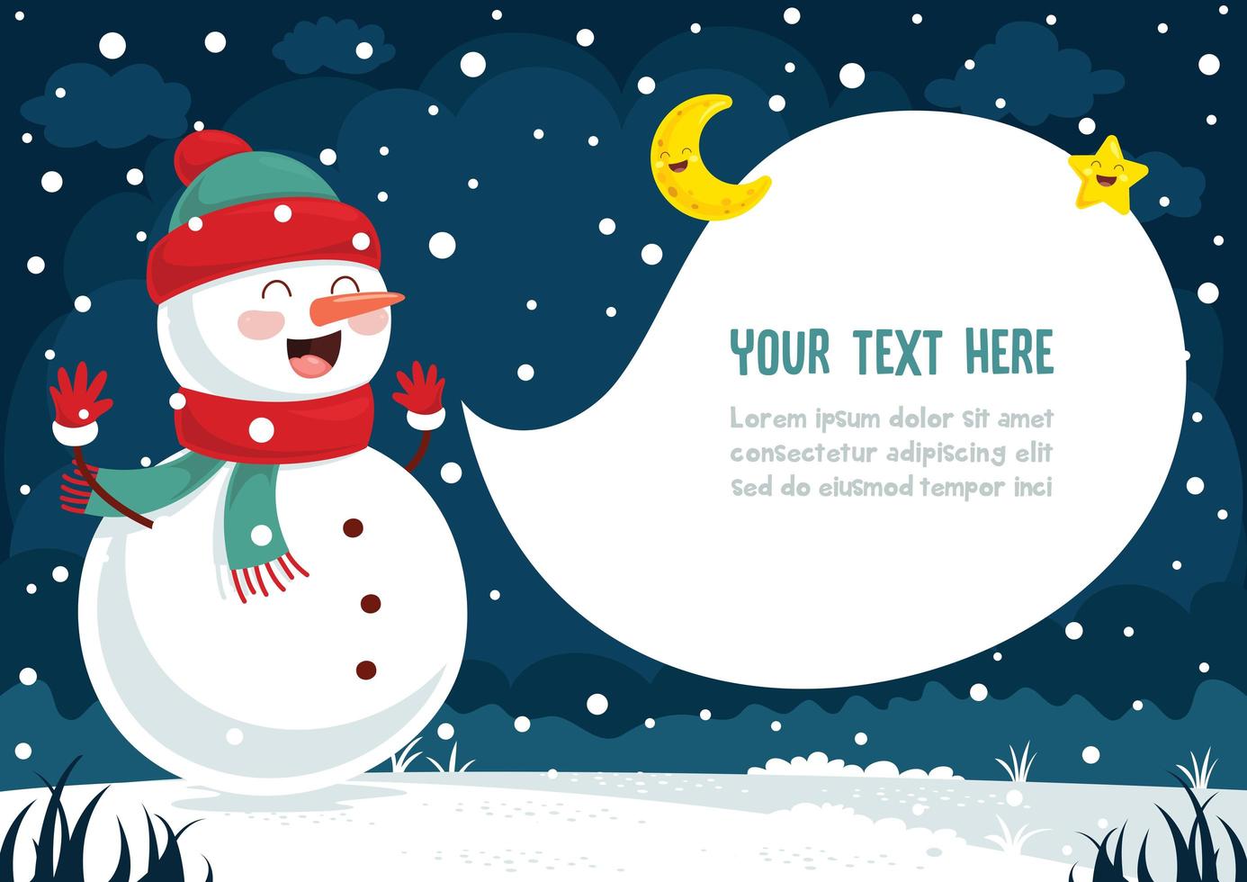 Snowman and Speech Bubble in Winter Night Landscape vector