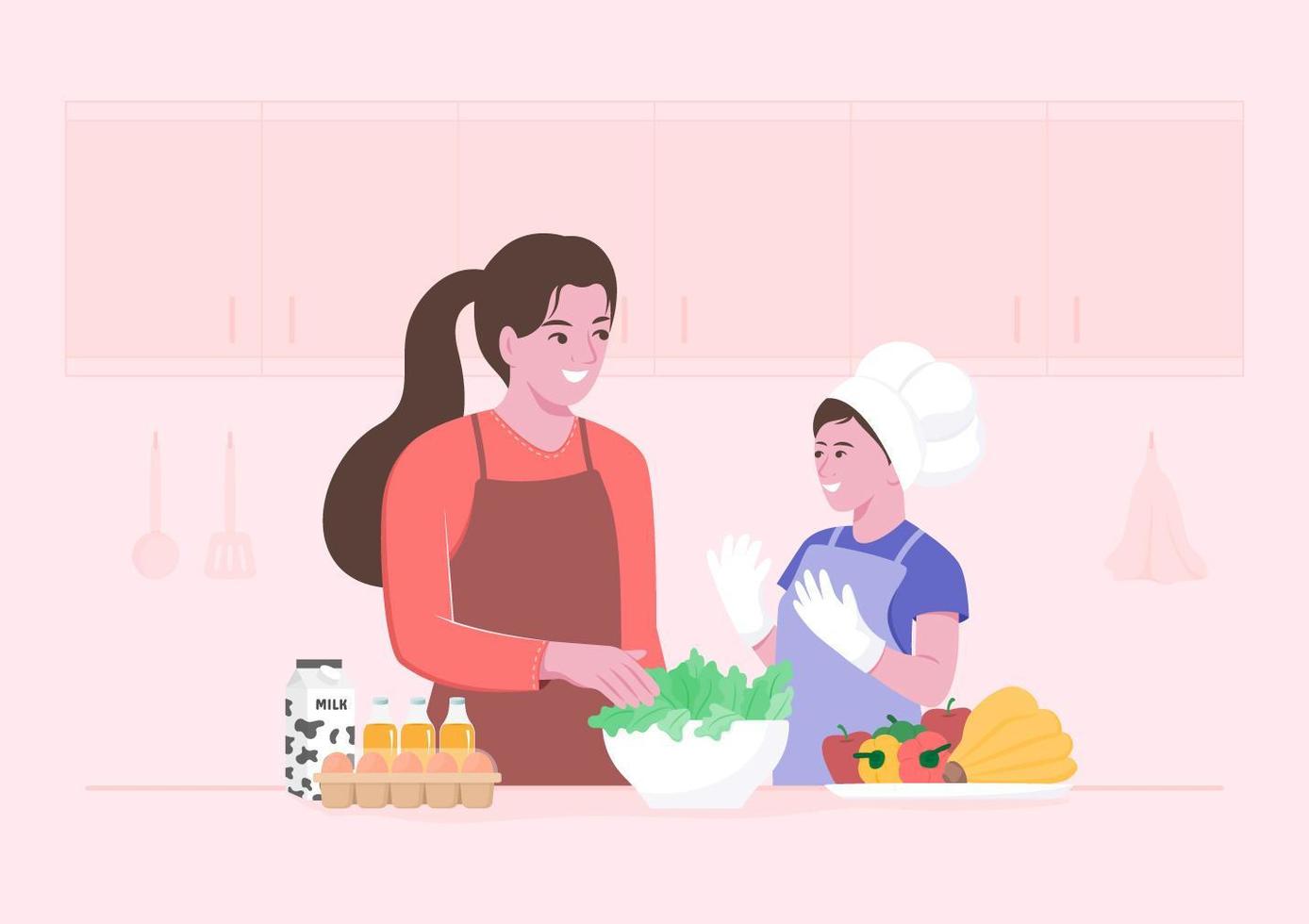 feliz madre e hijo preparando ensalada fresca vector