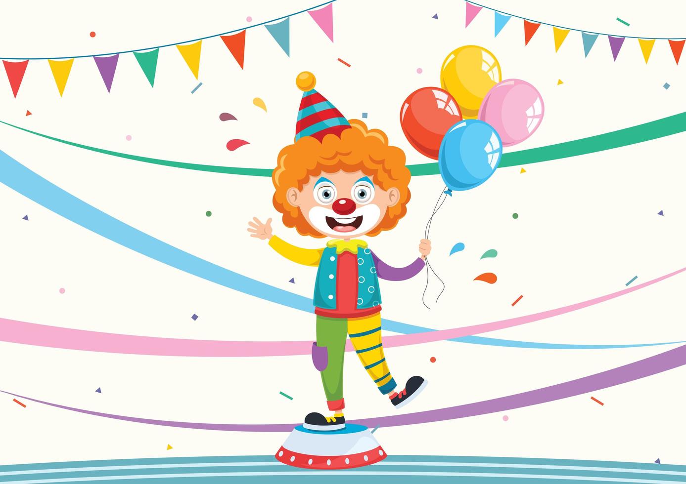 payaso de dibujos animados con globos y pancartas vector