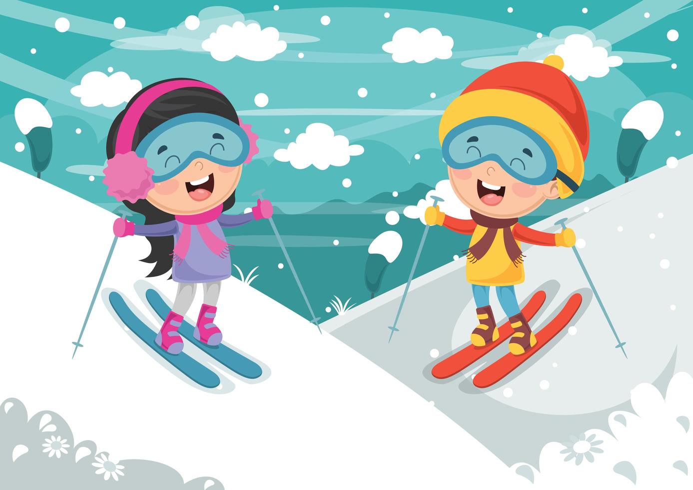 Kids Skiing in Mountains vector