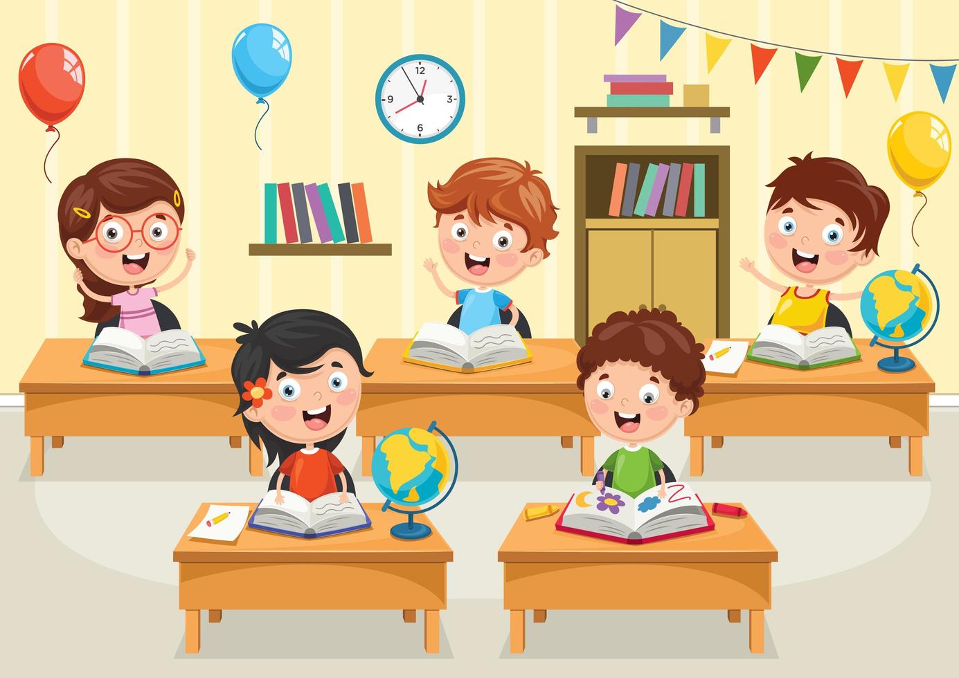 estudiantes de dibujos animados leyendo libros en escritorios 1128661  Vector en Vecteezy
