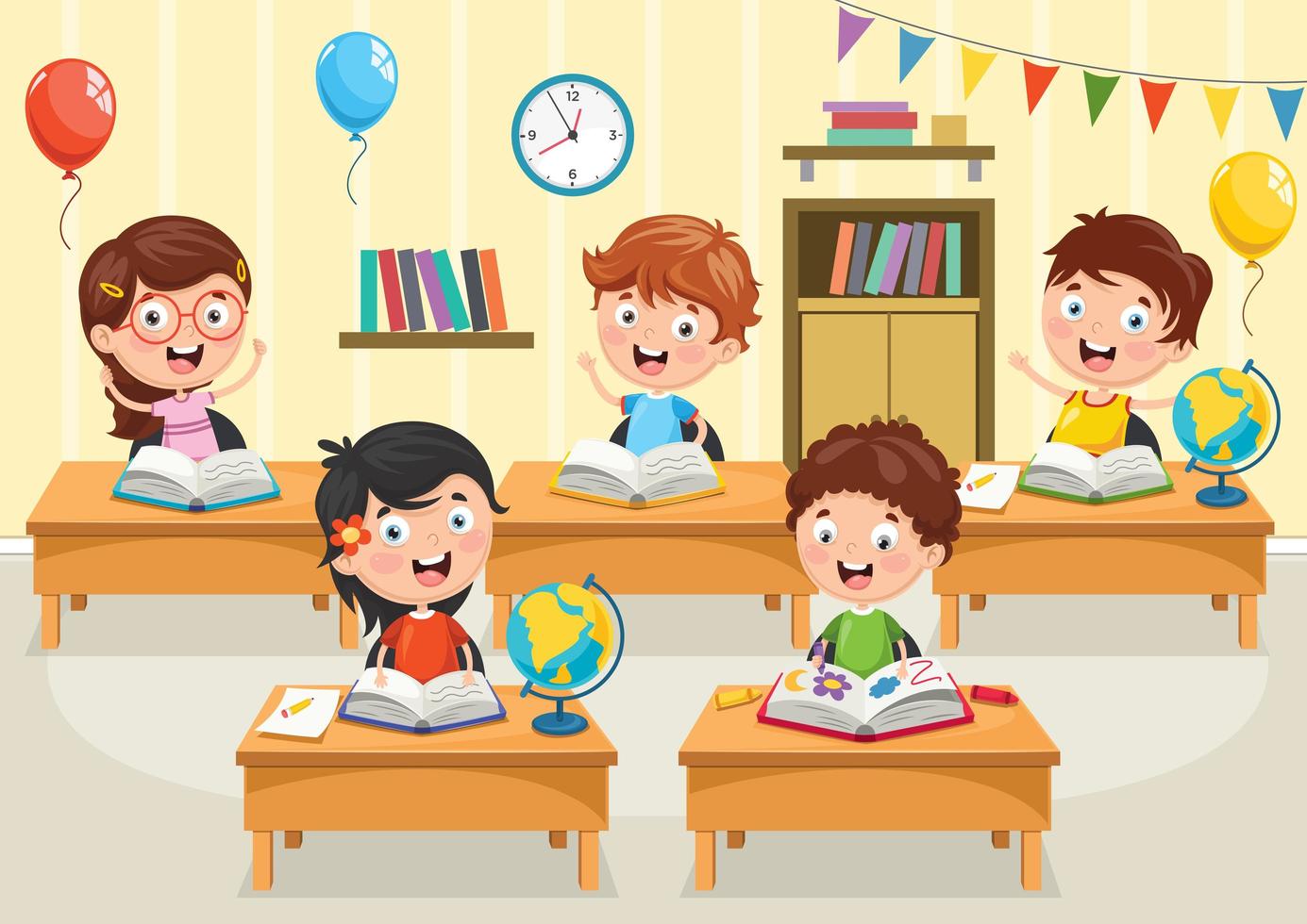 Cartoon Students Reading Books at Desks vector