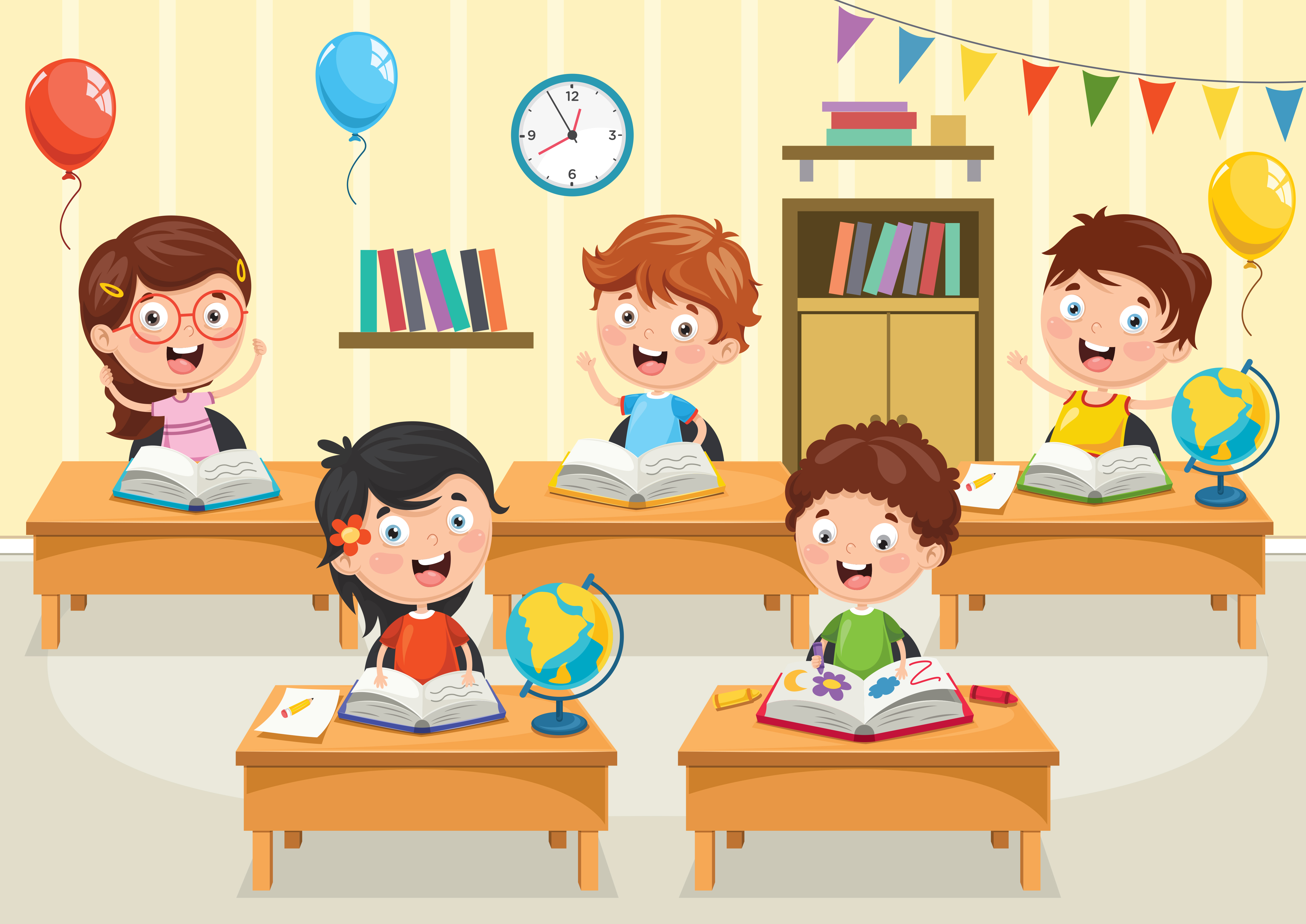 Cartoon Students Reading Books At Desks 1128661 Vector Art At Vecteezy
