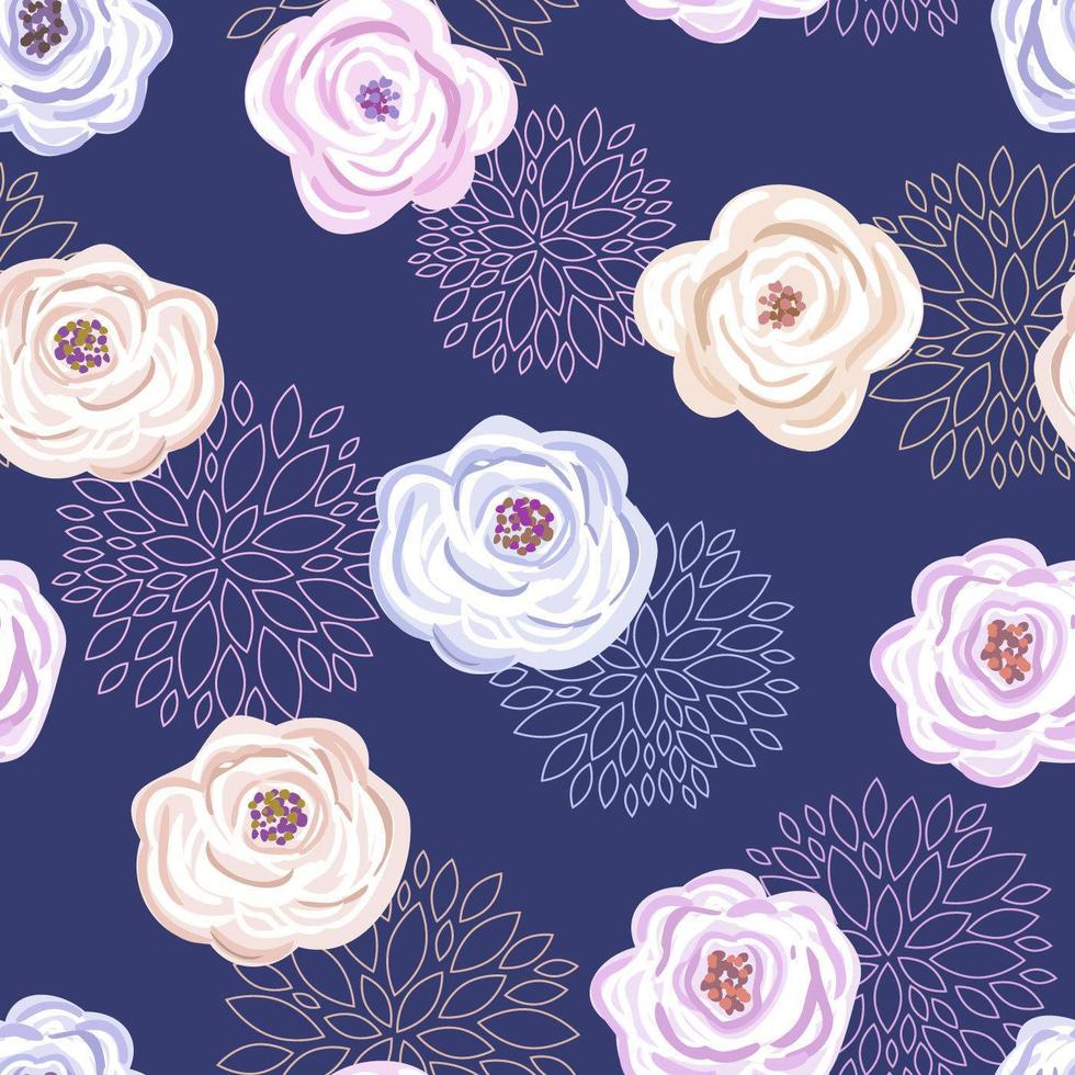 Painted and outlined floral seamless pattern on purple vector