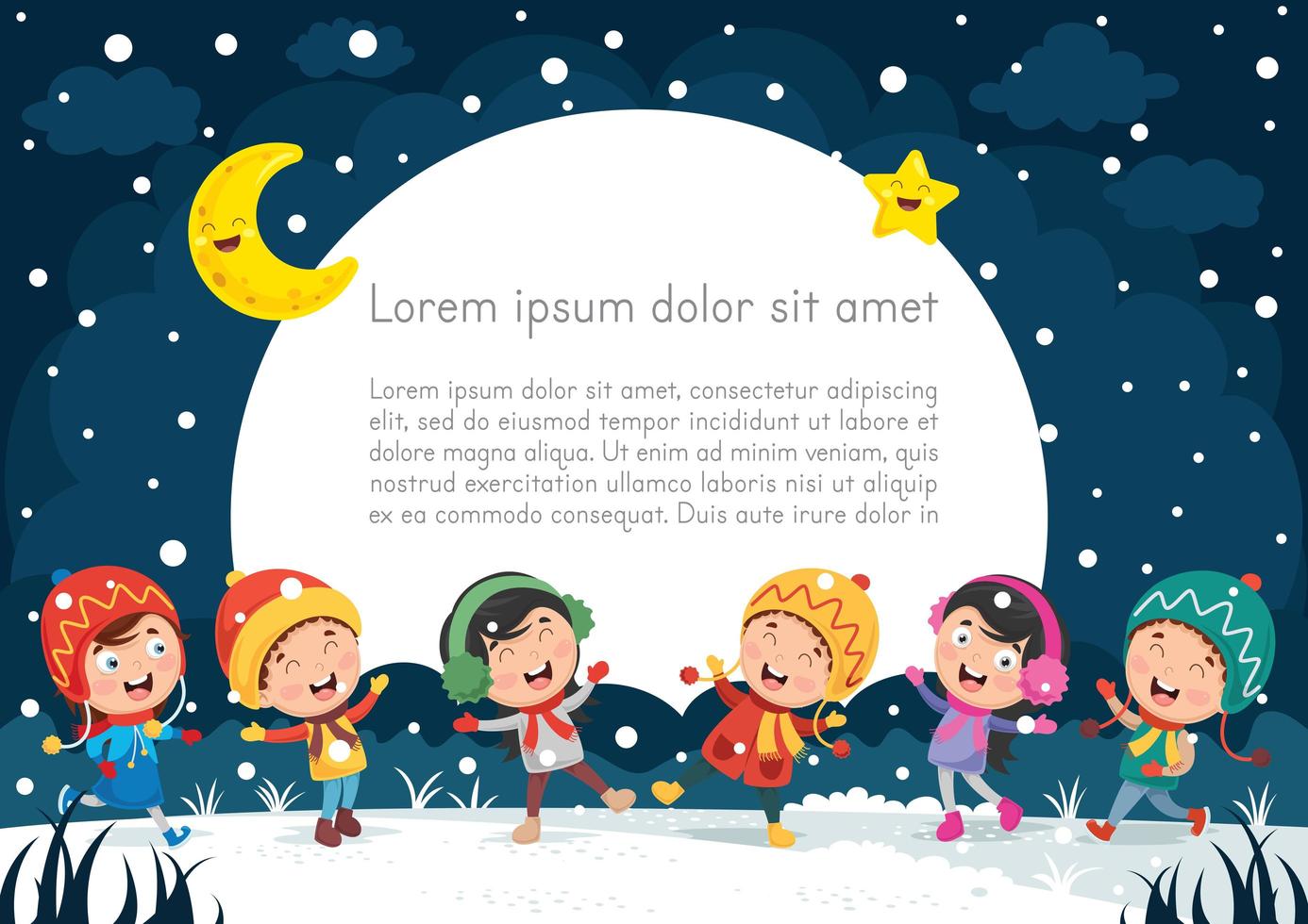 Night Winter Scene with Happy Kids  vector