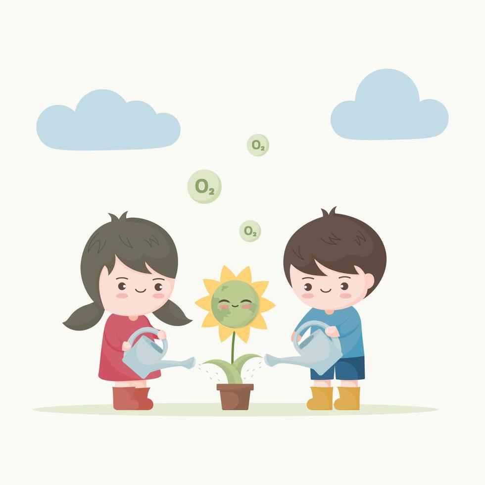 Kids watering flower with Earth face vector