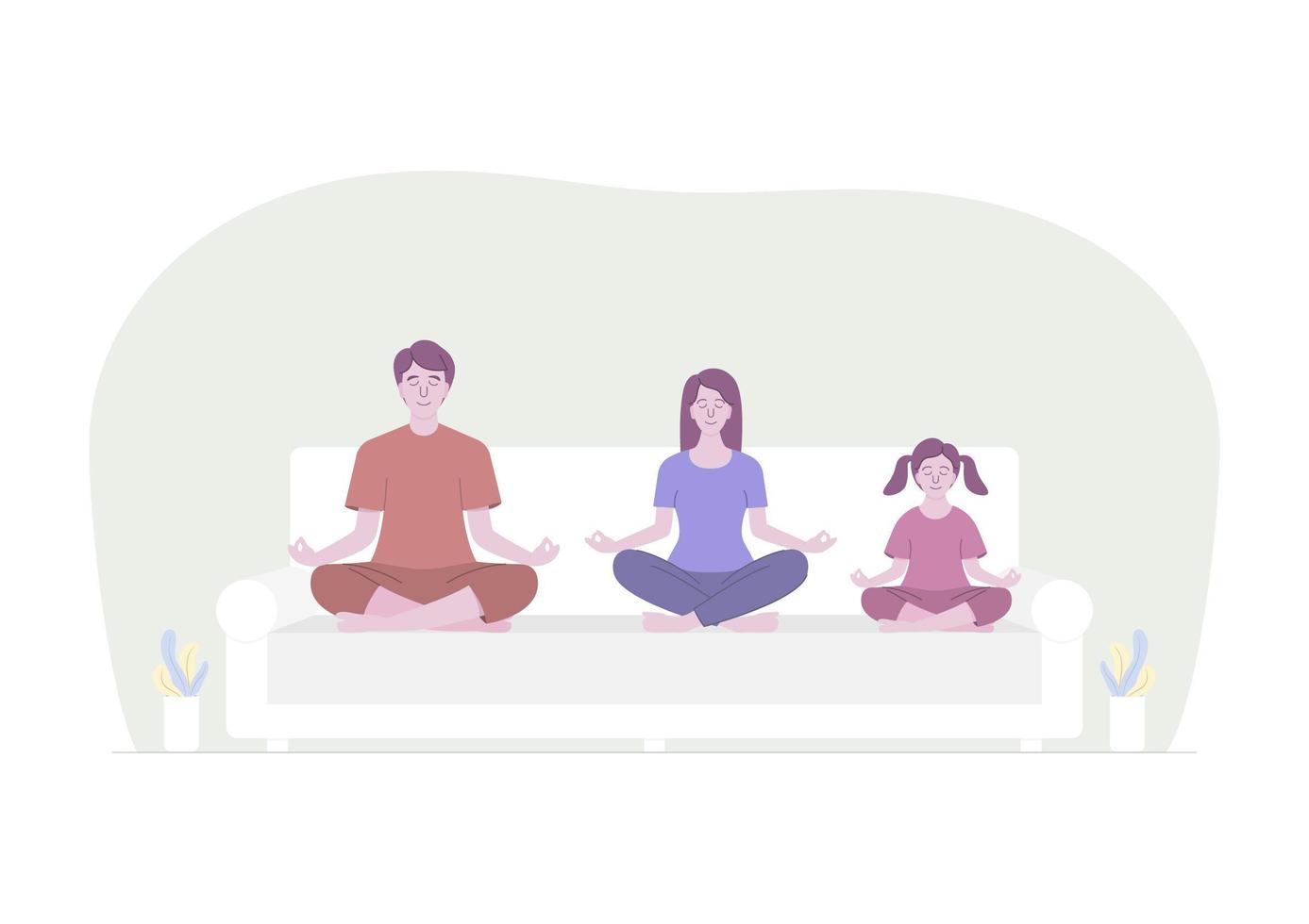 Family meditating on white sofa vector