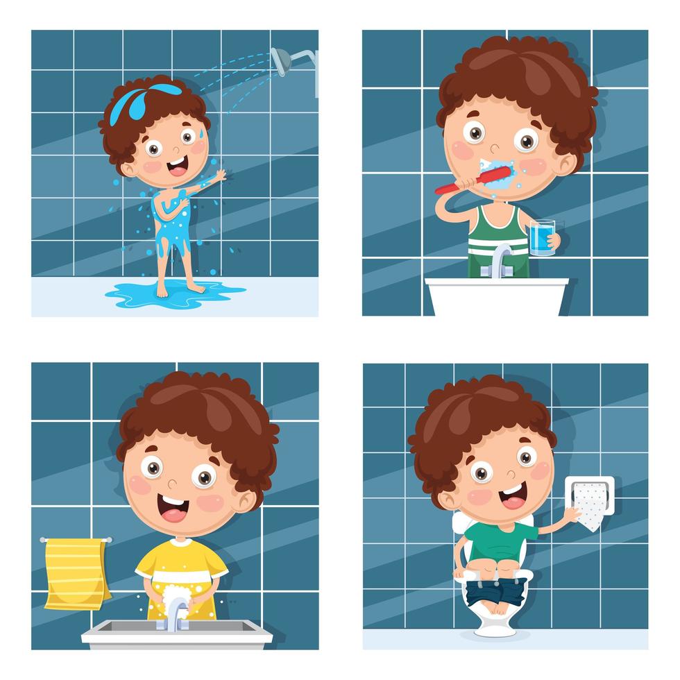 Set of Boys  Bathing and Brushing Teeth  vector