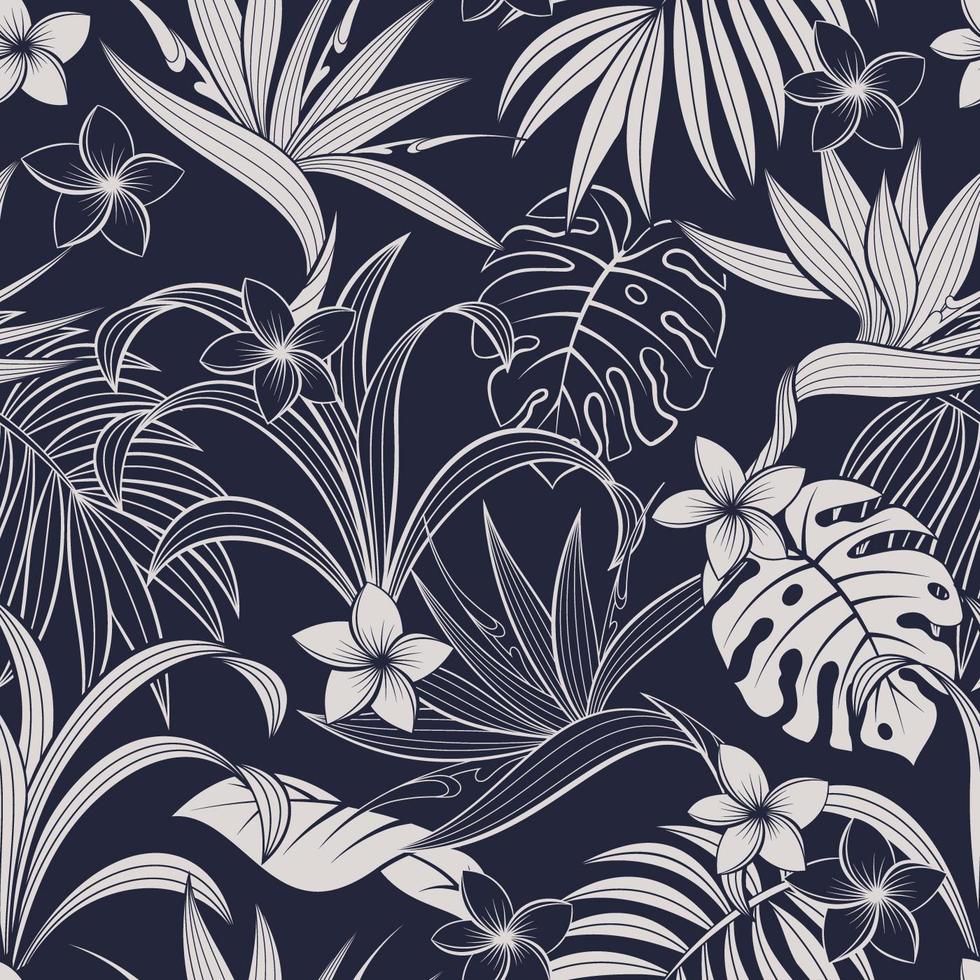 Blue and white tropical leaf and flower pattern vector