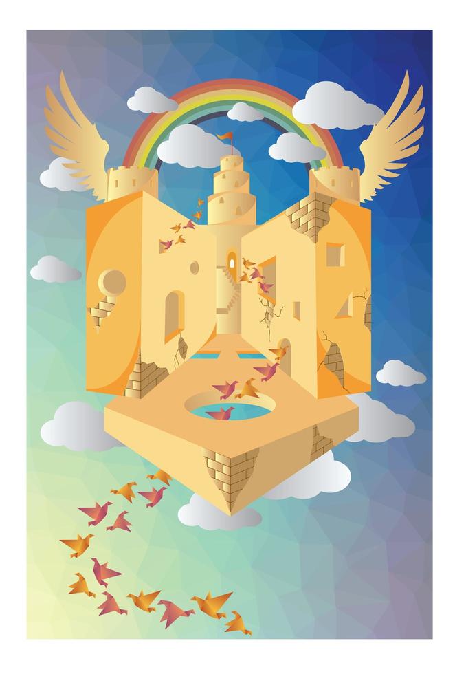 Birds are moving on flying rainbow castle vector