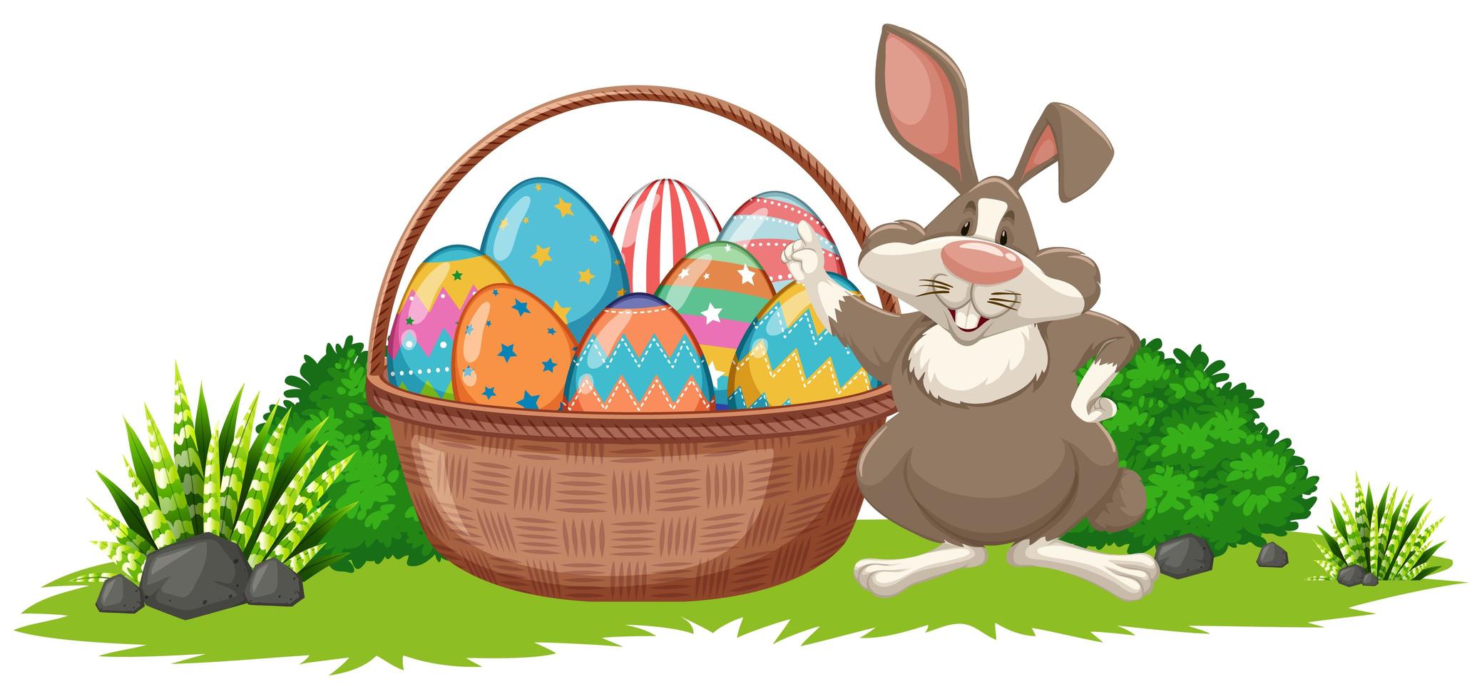 Fondo de Pascua con conejo y canasta llena de huevos vector