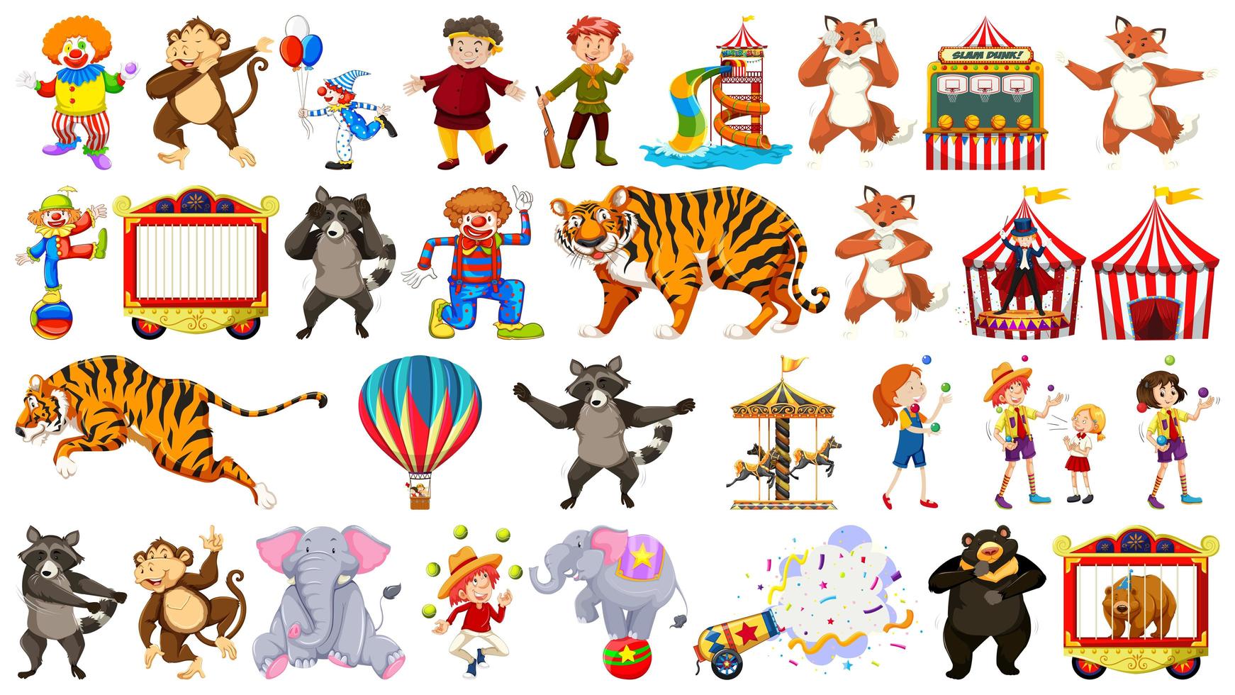 animales de circo, niños, payasos en blanco vector